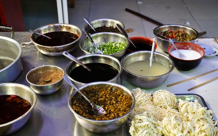 assorted ingredients for a spicy asian noodle soupのeditorial素材