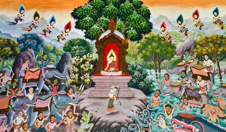 traditional thai wall painting about history of the buddha in a thai templesのeditorial素材