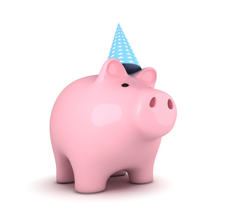 Piggy bank with party hat on white backgroundの写真素材