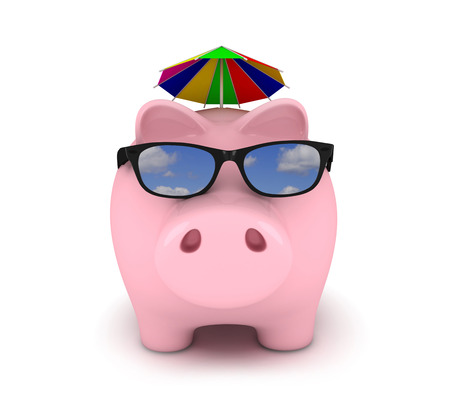 Piggy bank with sunglasses on white backgroundの写真素材