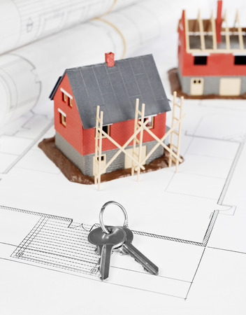 Blueprints and house structure and keysの写真素材