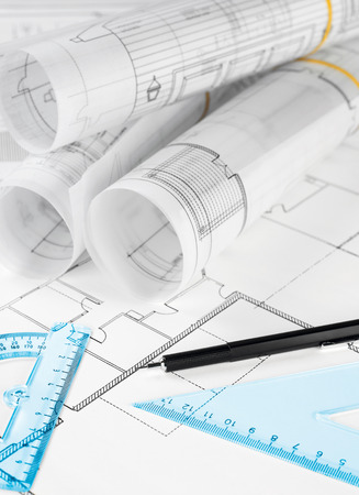 Blueprints, rulers and pencilの写真素材