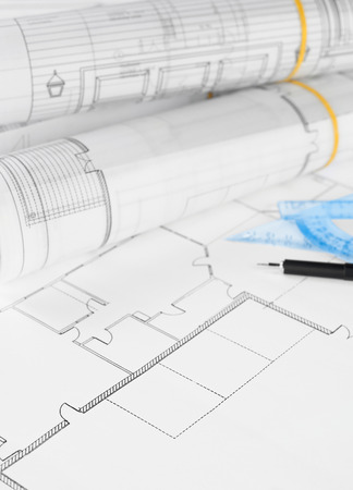 Blueprints, rulers and pencilの写真素材