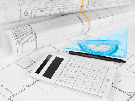 Blueprints and calculatorの写真素材