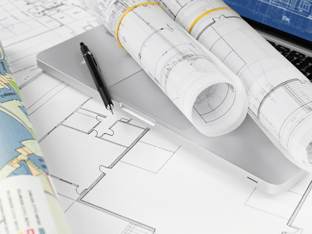 Blueprints and laptopの写真素材
