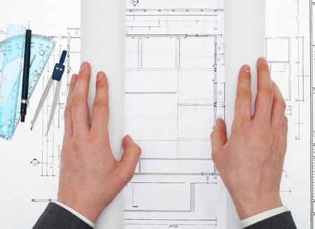 Architect with blueprintsの写真素材