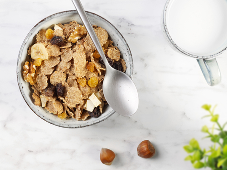 Muesli breakfast on tableの写真素材