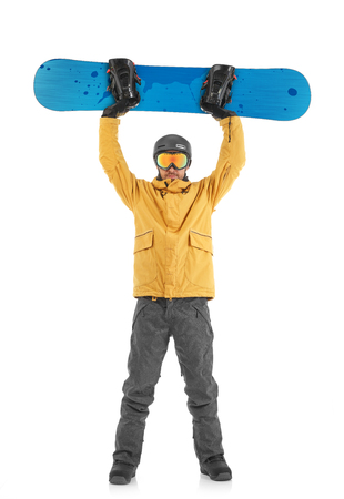 Happy snowboarder on whiteの写真素材