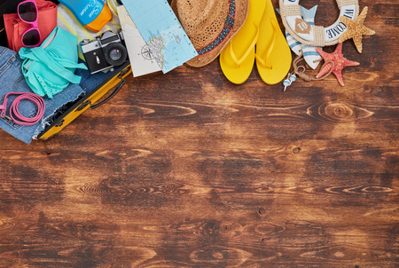 Preparing travel suitcase from aboveの写真素材