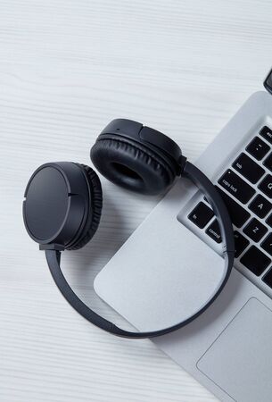 Wireless headphones close-up from aboveの写真素材