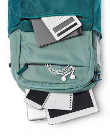 Bag and office accessories on white background