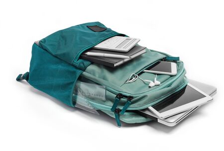 Bag and office accessoriess on white background