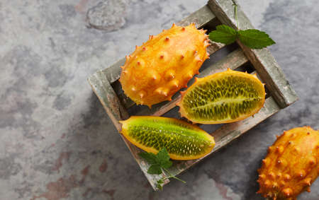 Kiwano fruit on a crateの写真素材