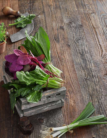 Herb leafs on wood table