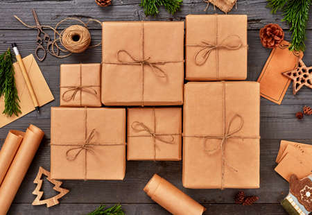 Homemade paper wrapped Christmas presents