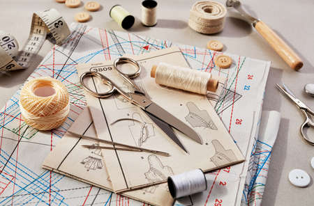 Pattern with sewing accessories closeup