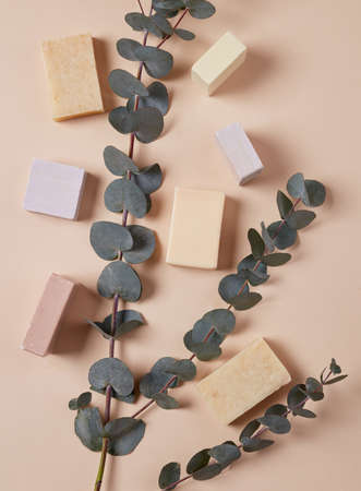 Organic hand made soaps on beige backgroundの写真素材
