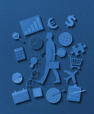 Businessman and conceptual elements on blue