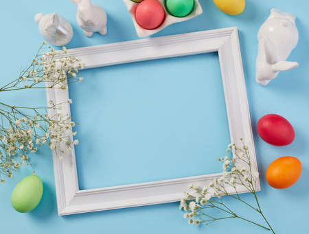 Photo Frame, Colorful Easter Eggs and Spring Flowersの写真素材
