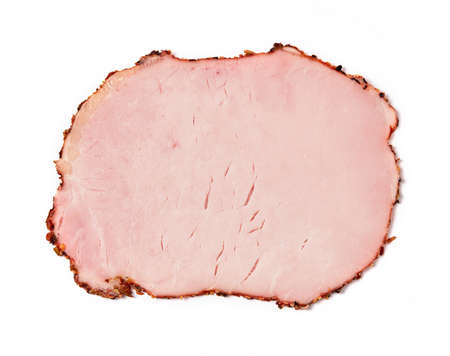 Smoked ham slice on white backgroundの写真素材