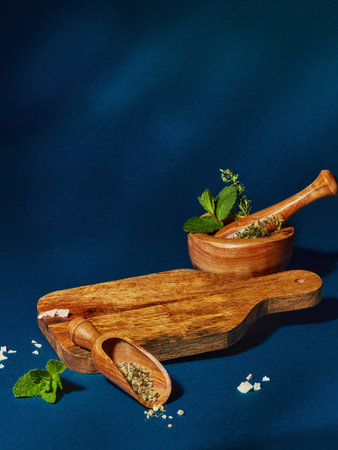 Wooden cutting board and spices