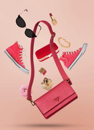 Casual women accesories on pink backgroundの写真素材
