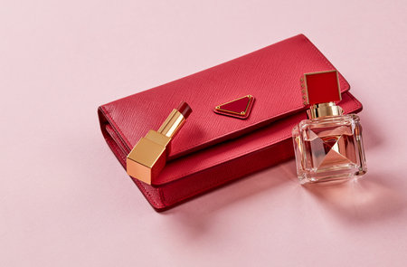 Purse, lipstick ans perfume on pink backgroundの写真素材