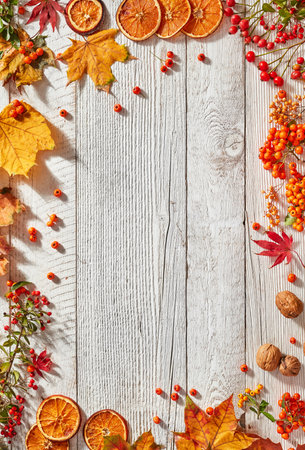 Autumn leaves on white wooden floor, view from above