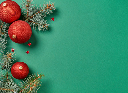 Christmas ornaments,Directly Above Shot Of Christmas Decorations On Green Backgroundの写真素材