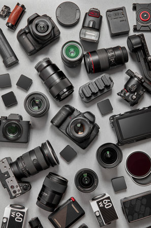 Photography equipment collection on gray background flat lay