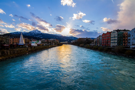 Sunset view of Inns river in Innsbruck, Austriaの写真素材