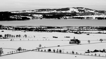 Lone house on snow field in black and whiteの写真素材