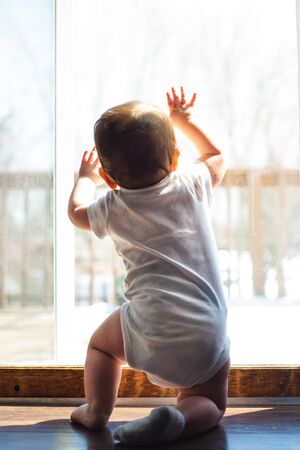 baby crawling up the window to standの写真素材