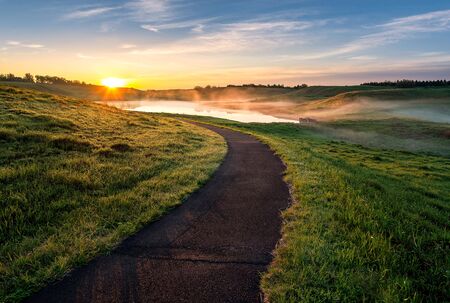 path to the lake during a foggy morningの写真素材