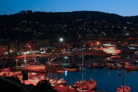 View of Porto Santo Stefano, Tuscany, Italy at sunsetの写真素材
