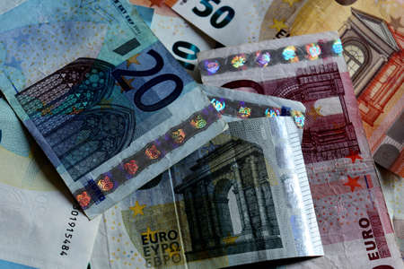 Closeup of a group of euro banknotes (5, 10, 20, 50)