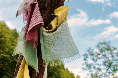 Colored tibetan flags on a tree. Mountains, clouds, and sky on the background. Concept of tibetan culture, buddhism.の写真素材