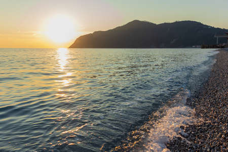 Sunset in Riva Trigoso, Italy, one of the bezt-known tourist destinations on the Italian Riviera. High angle view. Copy space.の写真素材