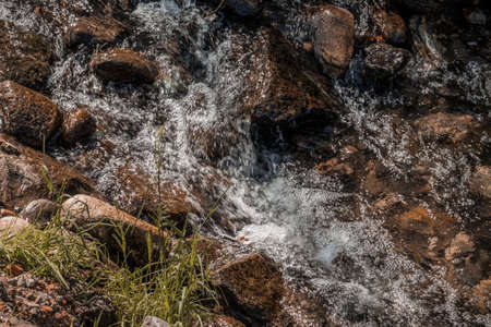 Top view of a river flowing. Concept of nature preservation, relax, enjoy nature. Copy space