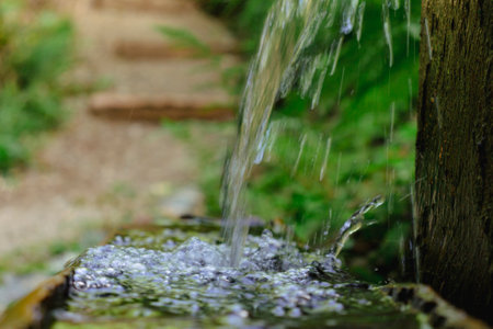 Close-up of water pouring and splashing down into a wooden tree trunk fountain. Blurred background. Copy space.の写真素材