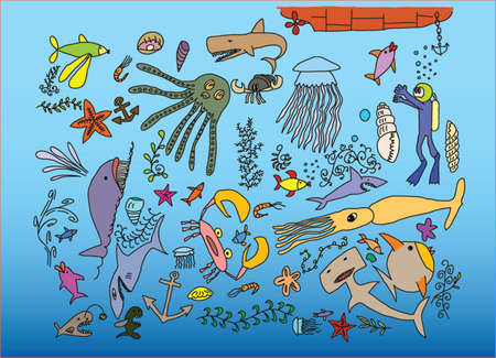 hand drawn sea cresturesのイラスト素材
