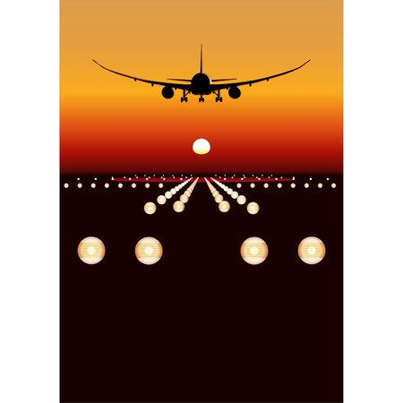 Vector DreamLiner 787 landing at sunsetのイラスト素材