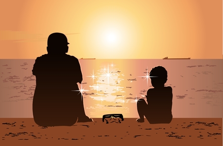 Father and son sitting together on the beach and watching sunset. Available eps-10 vector format separated by groups and layers.のイラスト素材