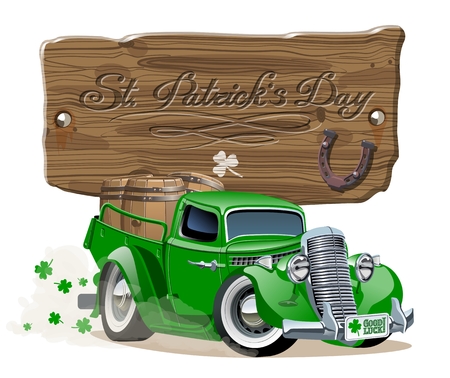 Vector retro cartoon pick-up truck with beer barrels for Happy Saint Patrick's Day Irish celebration design. Beer festival lettering on wood board. Separated by groups and layers.のイラスト素材