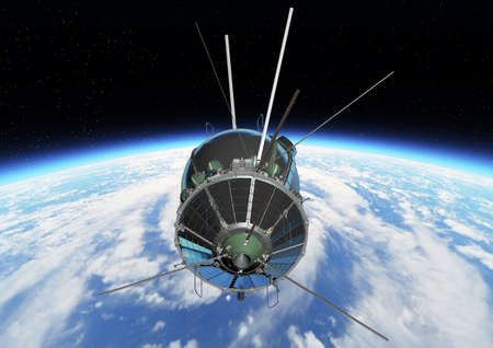 Spaceship Vostok1 at the Earth orbit. 3d rendering background. 3D illustration