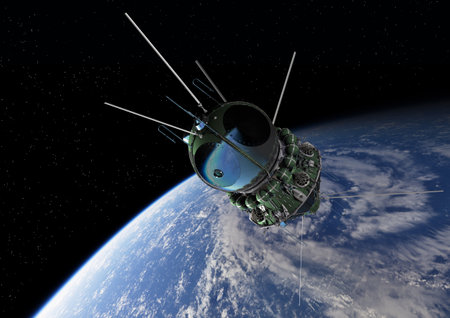 Spaceship Vostok1 at the Earth orbit. 3d rendering background. 3D illustration