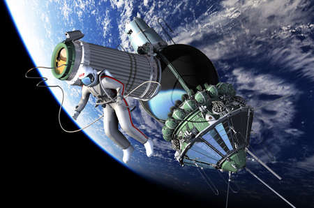 First spacewalk from Voskhod-2 spacecraft. 3d rendering background. 3D illustration
