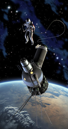First spacewalk from Voskhod-2 spacecraft. 3d rendering. 3D illustration
