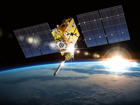 Modern navigation satellite satellite at the Earth orbit. 3d rendering background