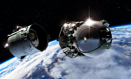 Spaceship Vostok-1 undocked from last rocket stage. 3d rendering background. 3D illustration